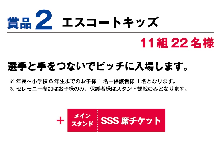 賞品2:エスコートキッズ 11組22名様 選手と手をつないでピッチに入場します。 ※年長～小学校6年生までのお子様1名+保護者様1名様となります。 ※セレモニー参加はお子様のみ、保護者様はスタンド観戦のみとなります。 +メインスタンドSSS席観戦チケット