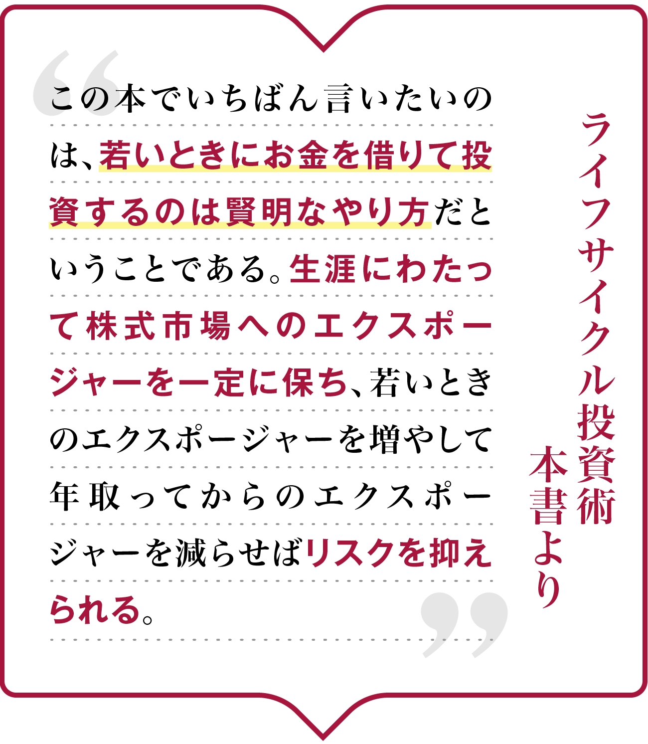 この本でいちばん言いたいのは、若いときにお金を借りて投資するのは賢明なやり方だということである。生涯にわたって株式市場へのエクスポージャーを一定に保ち、若いときのエクスポージャーを増やして年取ってからのエクスポージャーを減らせばリスクを抑えられる。