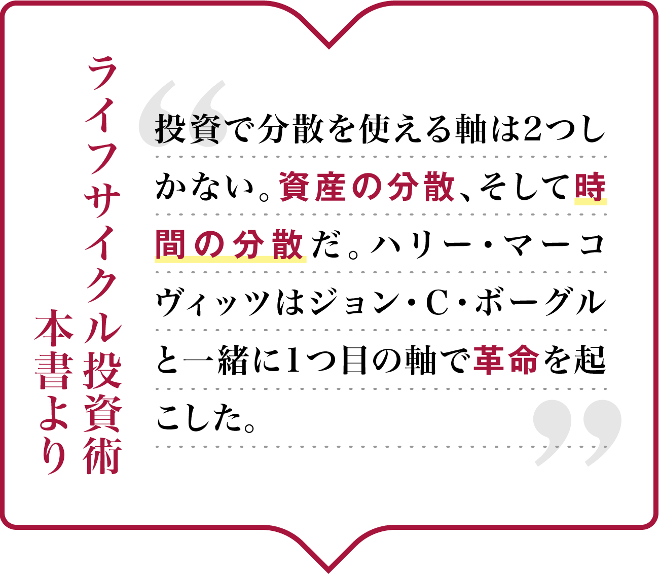 投資で分散を使える軸は2つしかない。資産の分散、そして時間の分散だ。ハリー・マーコヴィッツはジョン・C・ボーグルと一緒に1つ目の軸で革命を起こした。