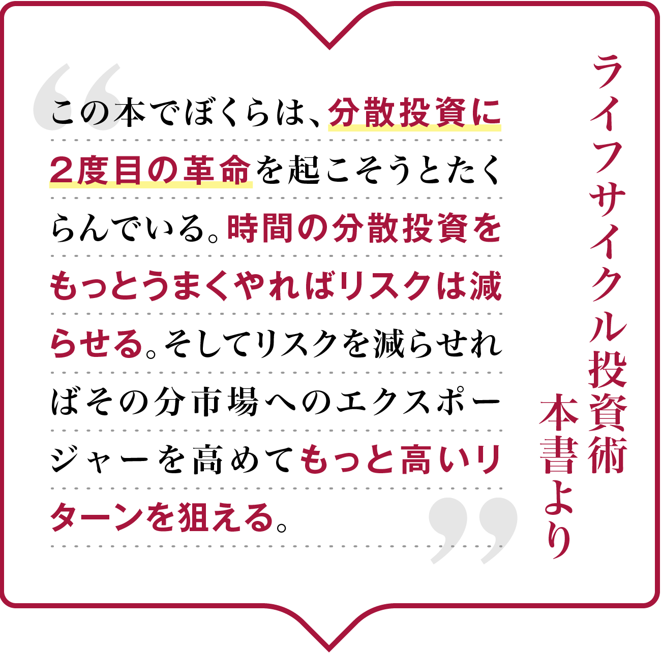 この本でぼくらは、分散投資に2度目の革命を起こそうとたくらんでいる。時間の分散投資をもっとうまくやればリスクは減らせる。そしてリスクを減らせればその分市場へのエクスポージャーを高めてもっと高いリターンを狙える。