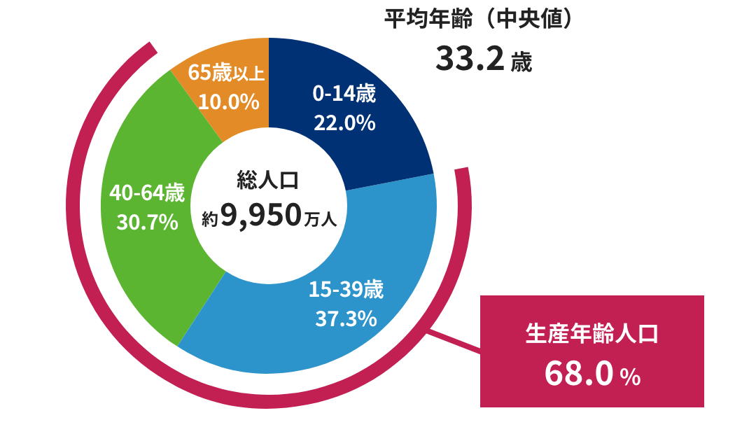 ベトナムの年齢別人口構成比率 グラフ